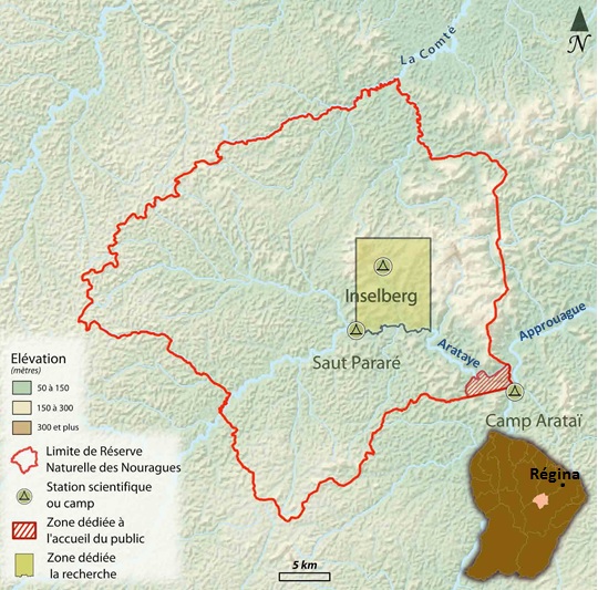 Carte de localisation et zonages de la RNN des Nouragues